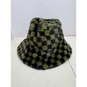 Women's Olive Green Black Checkered Faux Fur Bucket Hat Adjustable Plush Goth